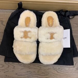 Celine Cream Furry Slides